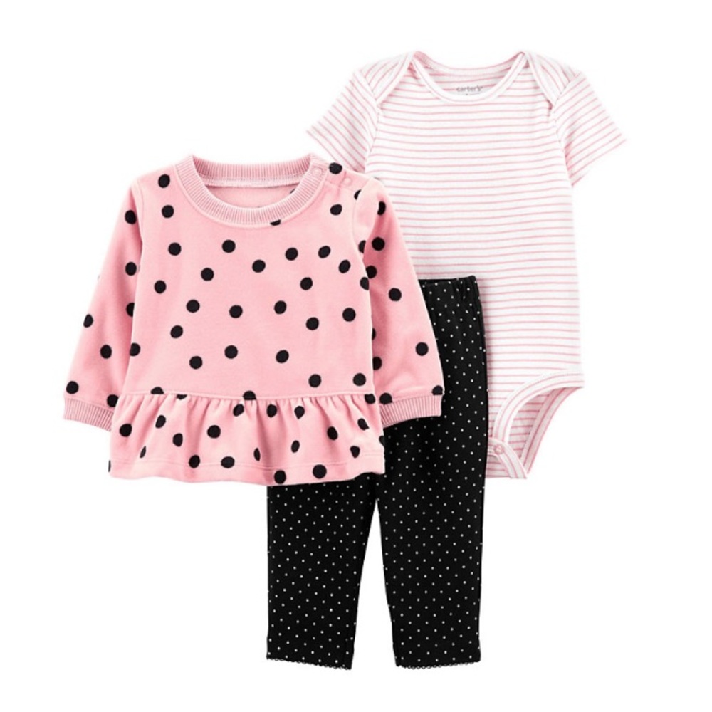 Three-piece polkadot set Pink w/ Black dots. Leggings, onesie, long sleeve shirt